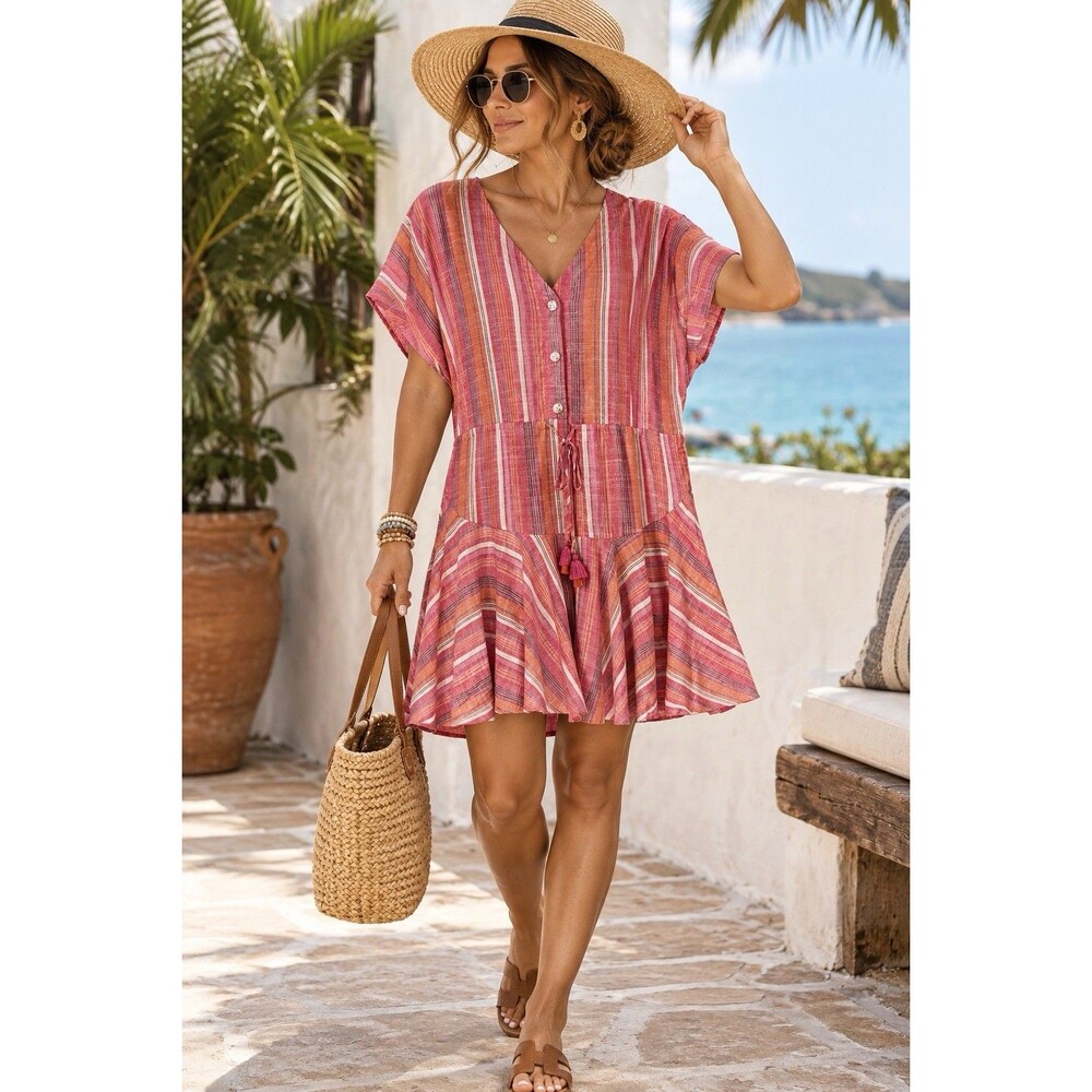 NWT Tribal Jeans Boho Short Sleeve Flowy Dress Medium Stripe Drawstring